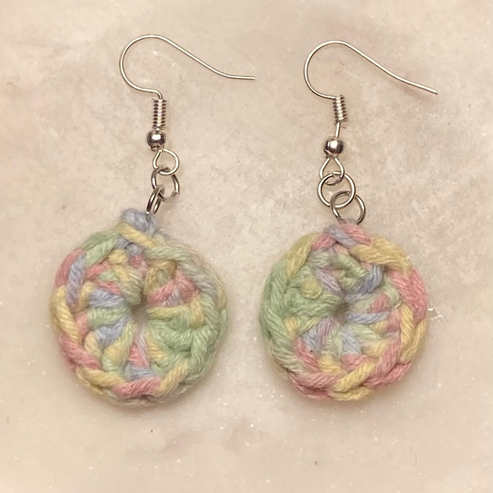 Handmade crochet circle Lucky Charms rainbow dangle earrings